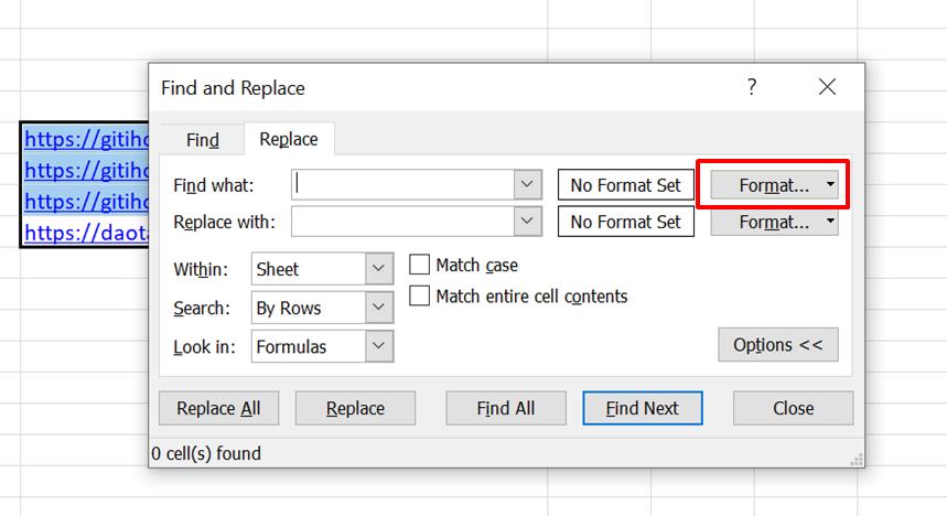 Thay thế chuỗi văn bản trong hyperlink bằng Find & Replace trong Excel